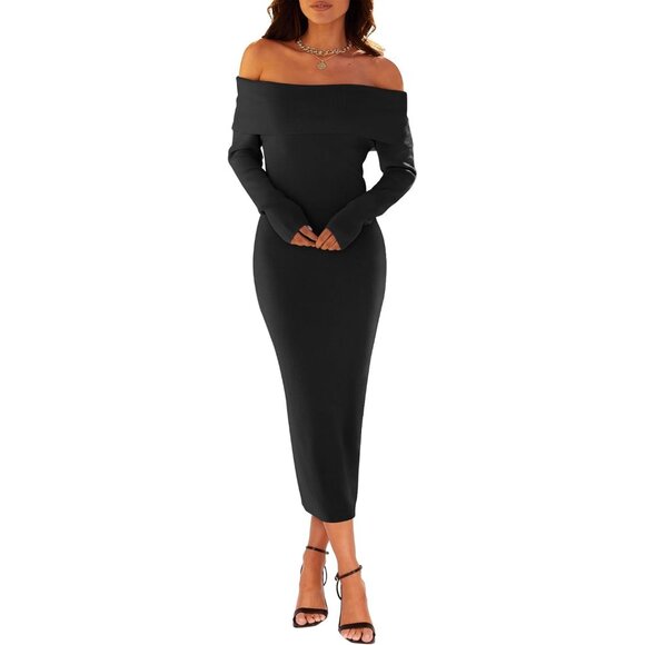Merokeety Women's Black Off Shoulder Long Sleeve Elegant Bodycon Midi Dress - Picture 3 of 9